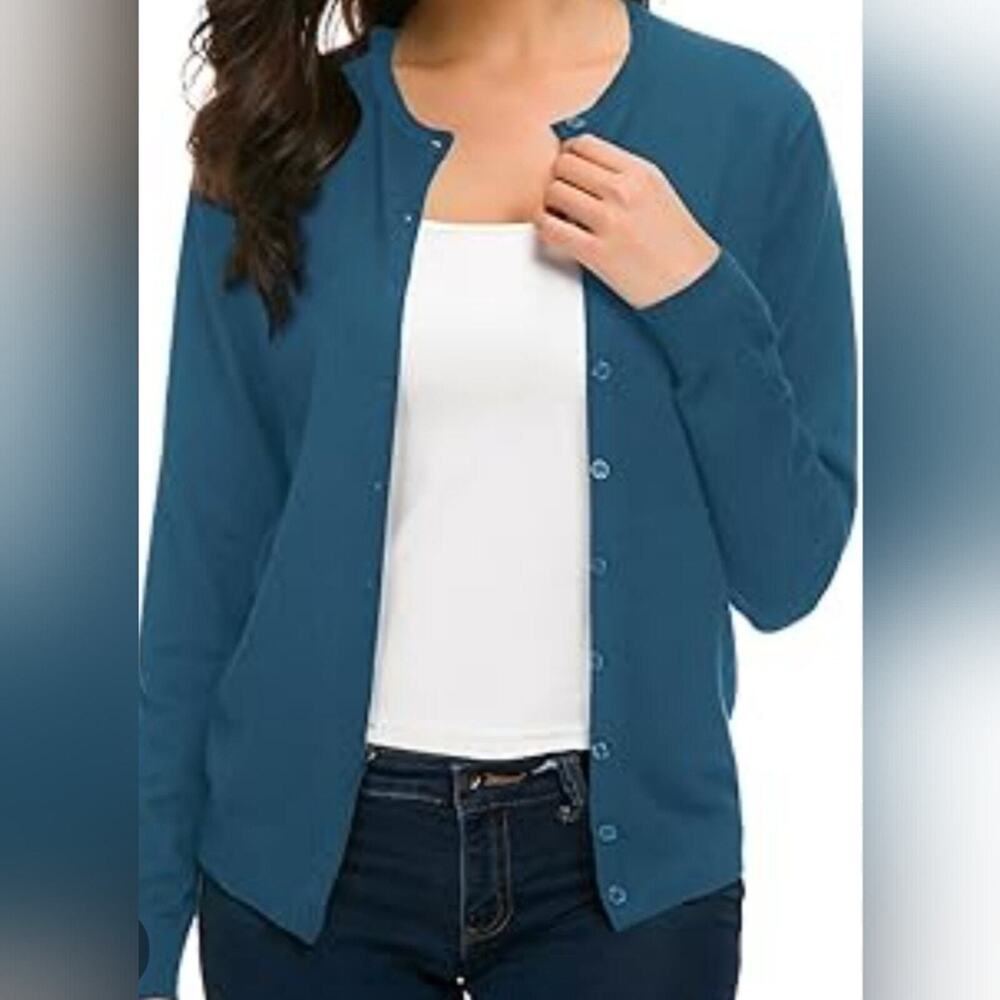 Joan Vass NY Blue-Green Pearl Button Cardigan Lightweight Knit Sweater Women's L